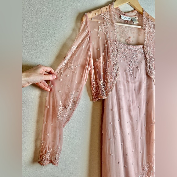 Scala Blush Pink Silk Lined Beaded Embroidered Floral Maxi Dress with Crop Shrug - Picture 13 of 16